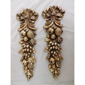 Syroco MCM Hollywood Regency Gold Gilt Fruit Vertical Garland Wall Decor S2 Wood